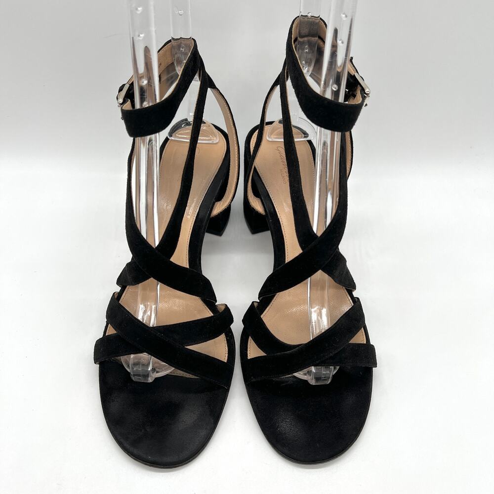 GIANVITO ROSSI Strappy Sandal Womens 40 Black Suede Mid Block Heeled Criss Cross - Picture 3 of 11